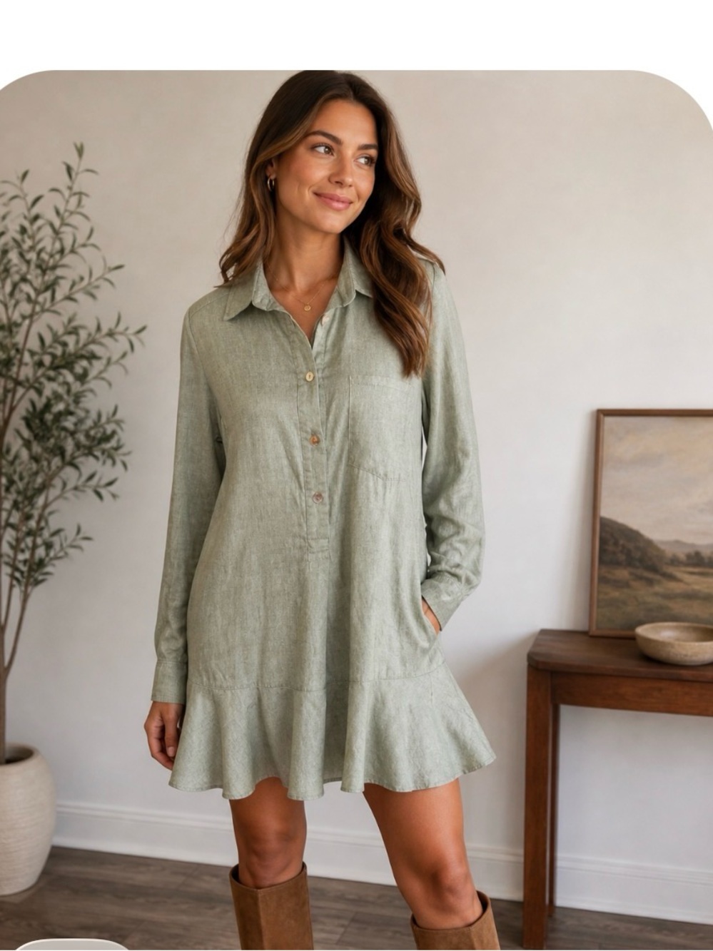 Tuckenuck 100% cotton Sage Green Long Sleeve Button Front Ruffle Hem Dress